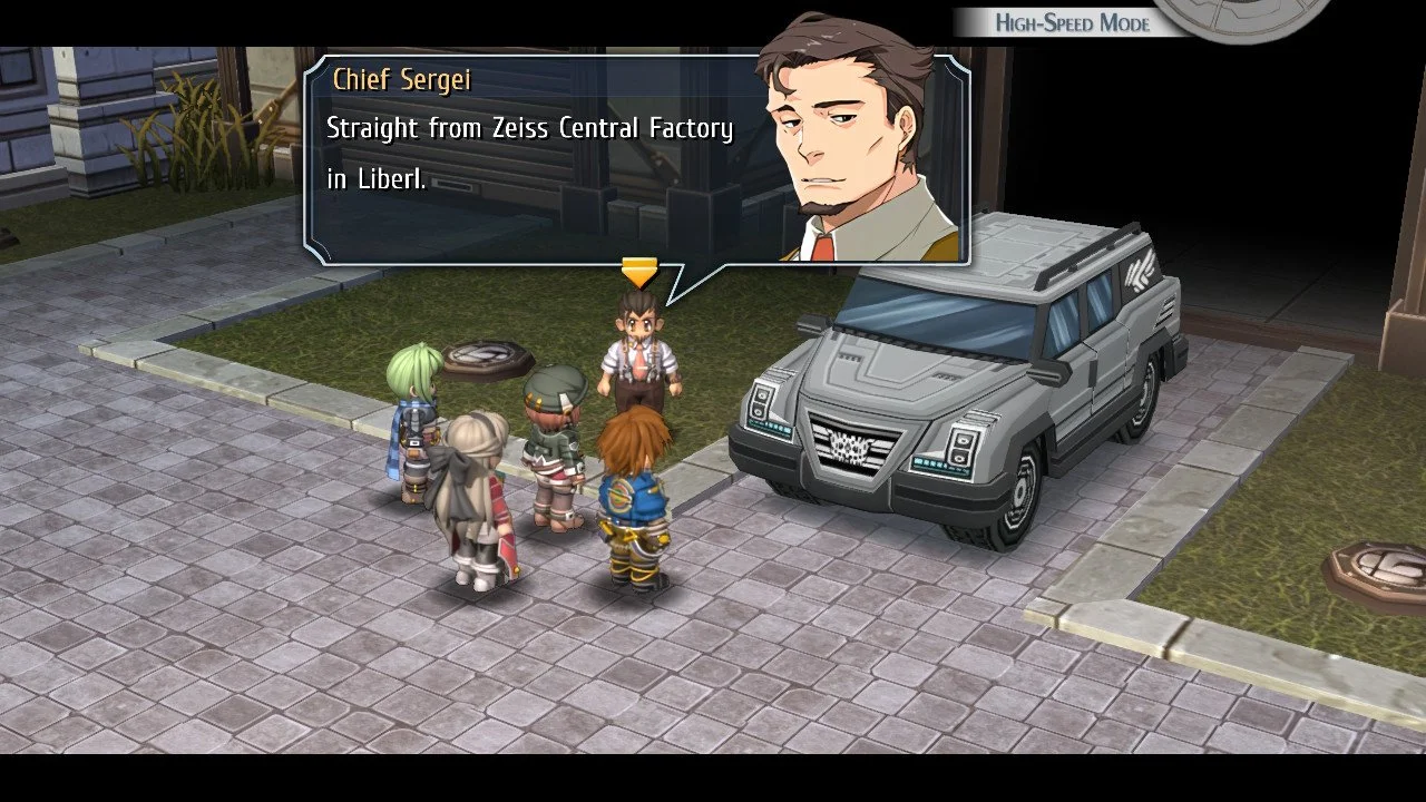 Chefe Sergei e equipe da SSS ao lado de seu veículo em Trails to Azure