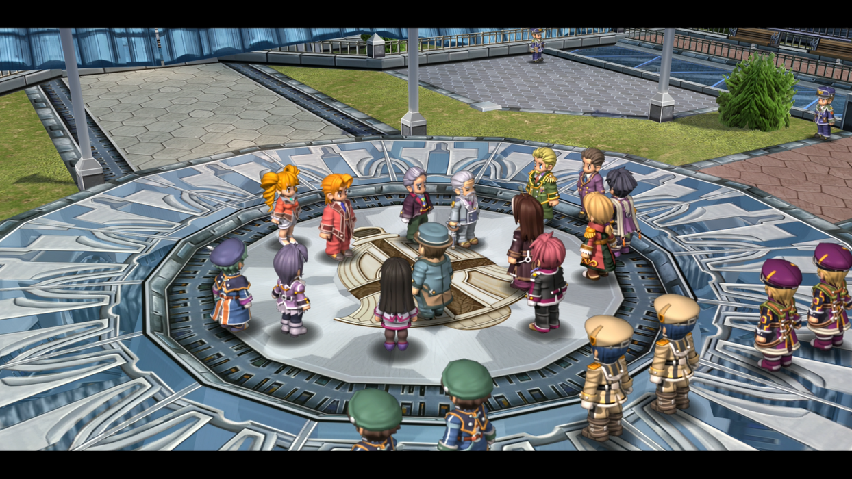 Cena de personagens reunidos em uma plataforma na região de Crossbell